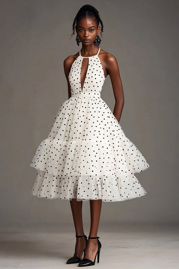 Hvit A Line Halter Cut Out Svart Polka Dot Kjole